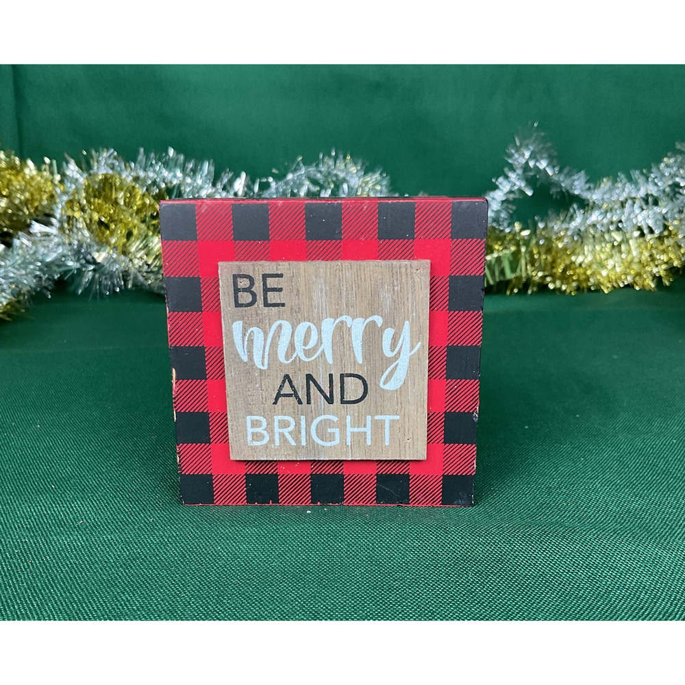 Be Merry and Bright Buffalo Plaid Christmas Wood Sign Shelf Sitter